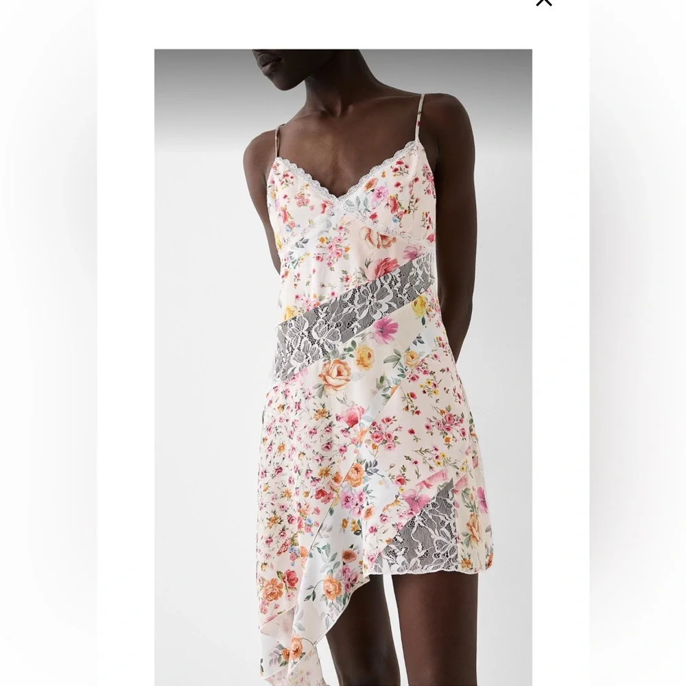 Bershka asymmetric floral and lace mini dress in multi Hem Dress size: Small - Picture 6 of 7